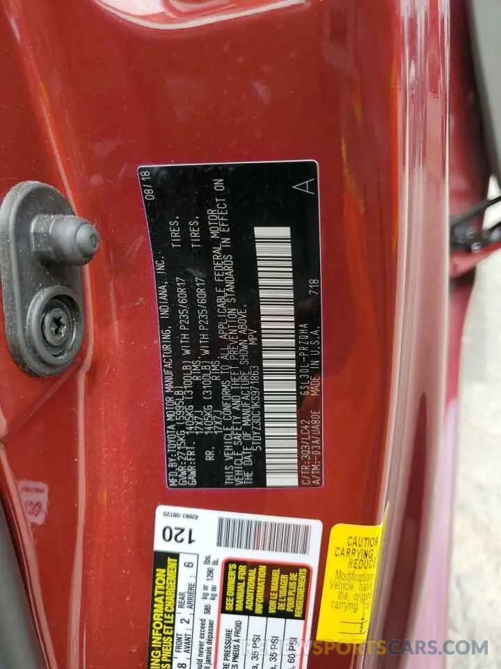 13 Photograph of a damaged car 5TDYZ3DC1KS971863 TOYOTA All Models 2019