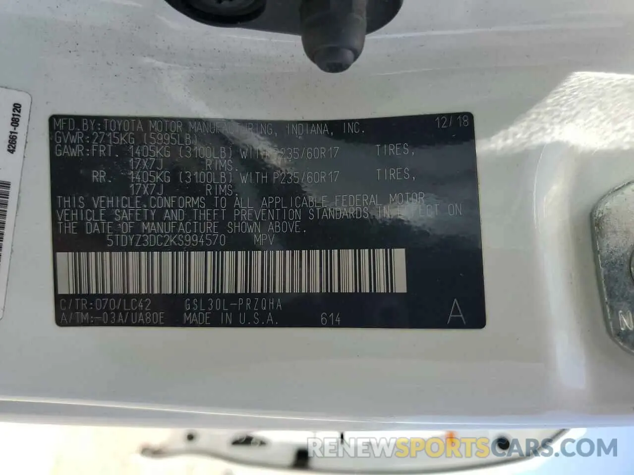 14 Photograph of a damaged car 5TDYZ3DC2KS994570 TOYOTA All Models 2019