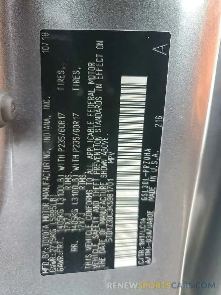 14 Photograph of a damaged car 5TDYZ3DC3KS981701 TOYOTA All Models 2019