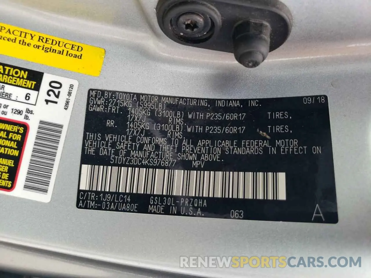 13 Photograph of a damaged car 5TDYZ3DC4KS976877 TOYOTA All Models 2019