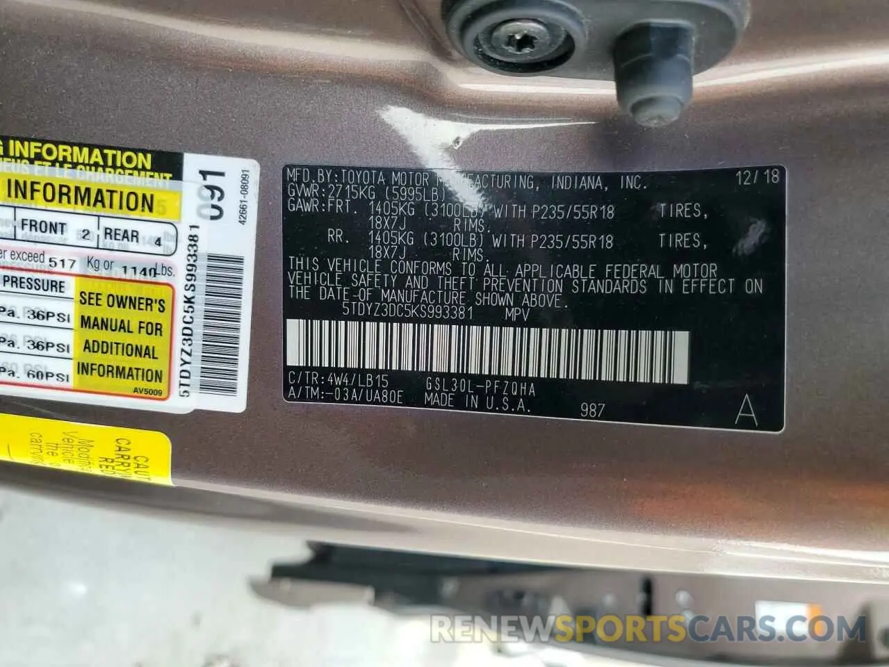 14 Photograph of a damaged car 5TDYZ3DC5KS993381 TOYOTA All Models 2019
