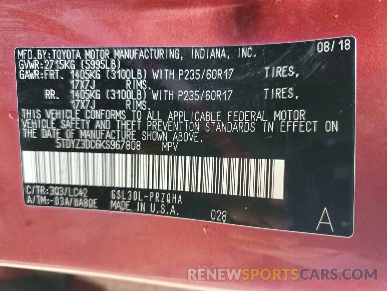 14 Photograph of a damaged car 5TDYZ3DC6KS967808 TOYOTA All Models 2019