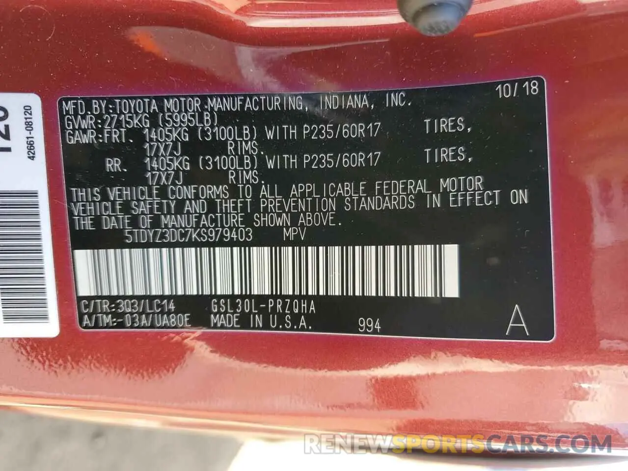16 Photograph of a damaged car 5TDYZ3DC7KS979403 TOYOTA All Models 2019