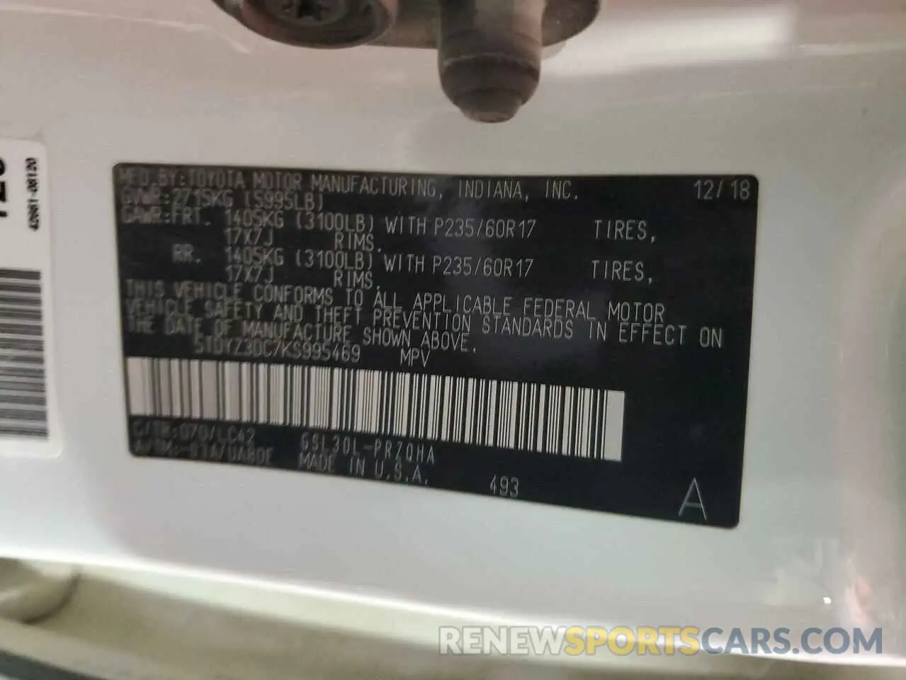13 Photograph of a damaged car 5TDYZ3DC7KS995469 TOYOTA All Models 2019