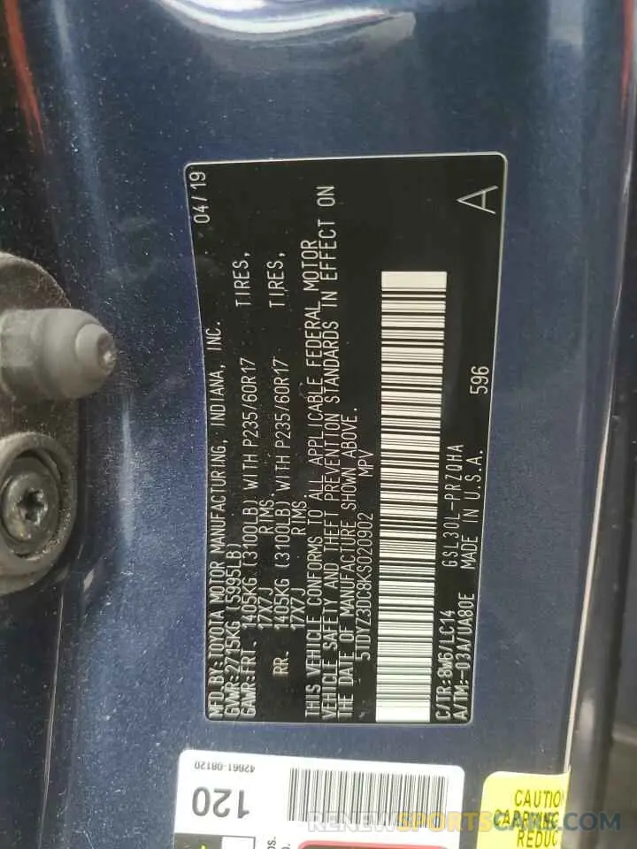 13 Photograph of a damaged car 5TDYZ3DC8KS020902 TOYOTA All Models 2019
