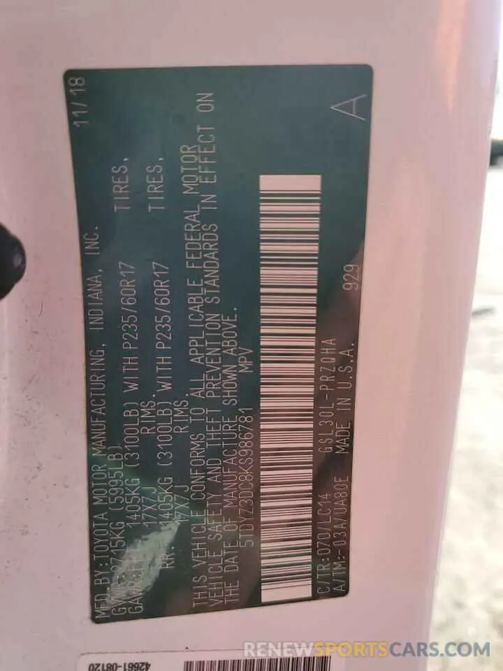 14 Photograph of a damaged car 5TDYZ3DC8KS986781 TOYOTA All Models 2019