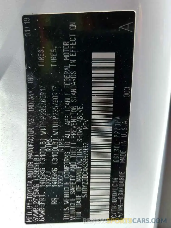 12 Photograph of a damaged car 5TDYZ3DCXKS997992 TOYOTA All Models 2019