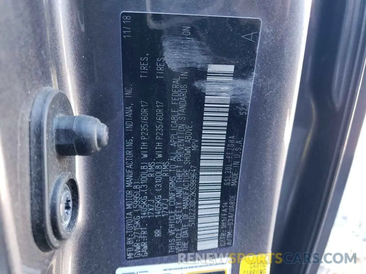 13 Photograph of a damaged car 5TDZZ3DC2KS989647 TOYOTA All Models 2019