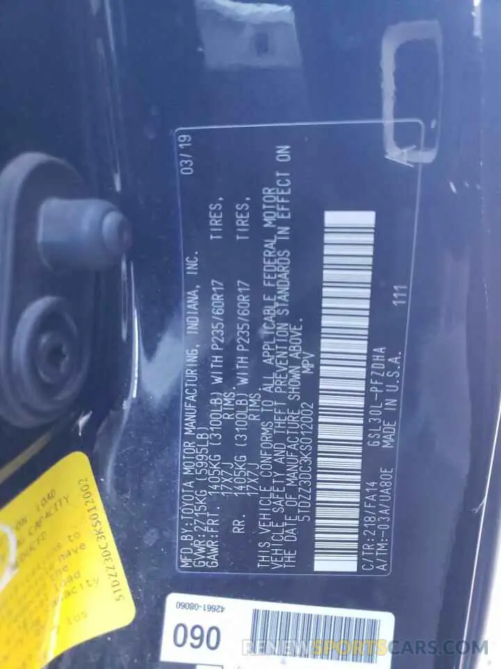 13 Photograph of a damaged car 5TDZZ3DC3KS012002 TOYOTA All Models 2019