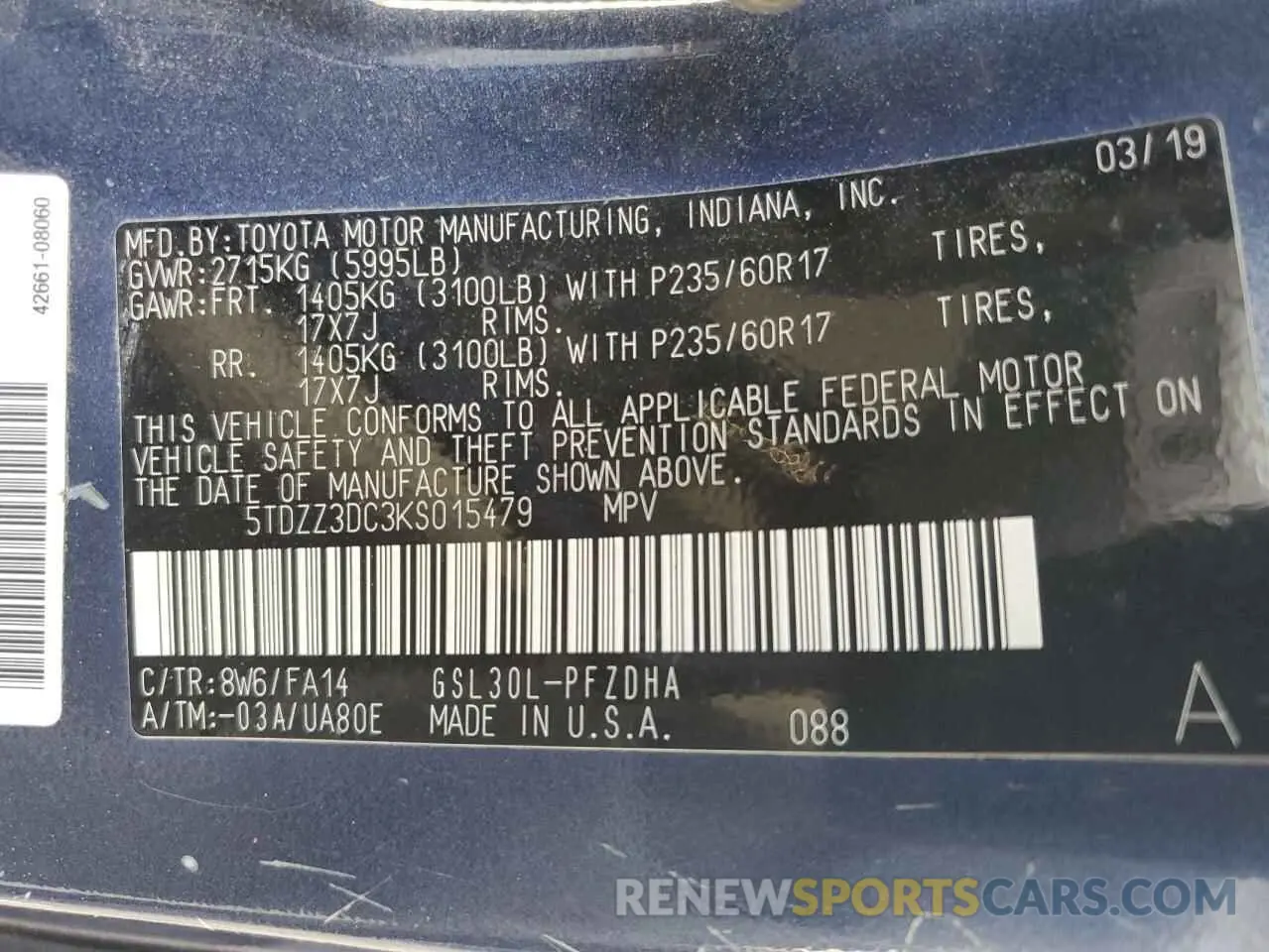 13 Photograph of a damaged car 5TDZZ3DC3KS015479 TOYOTA All Models 2019