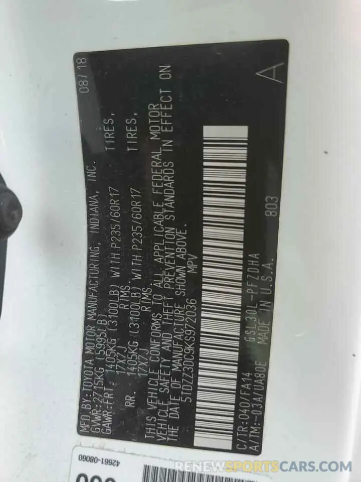 15 Photograph of a damaged car 5TDZZ3DC9KS972036 TOYOTA All Models 2019