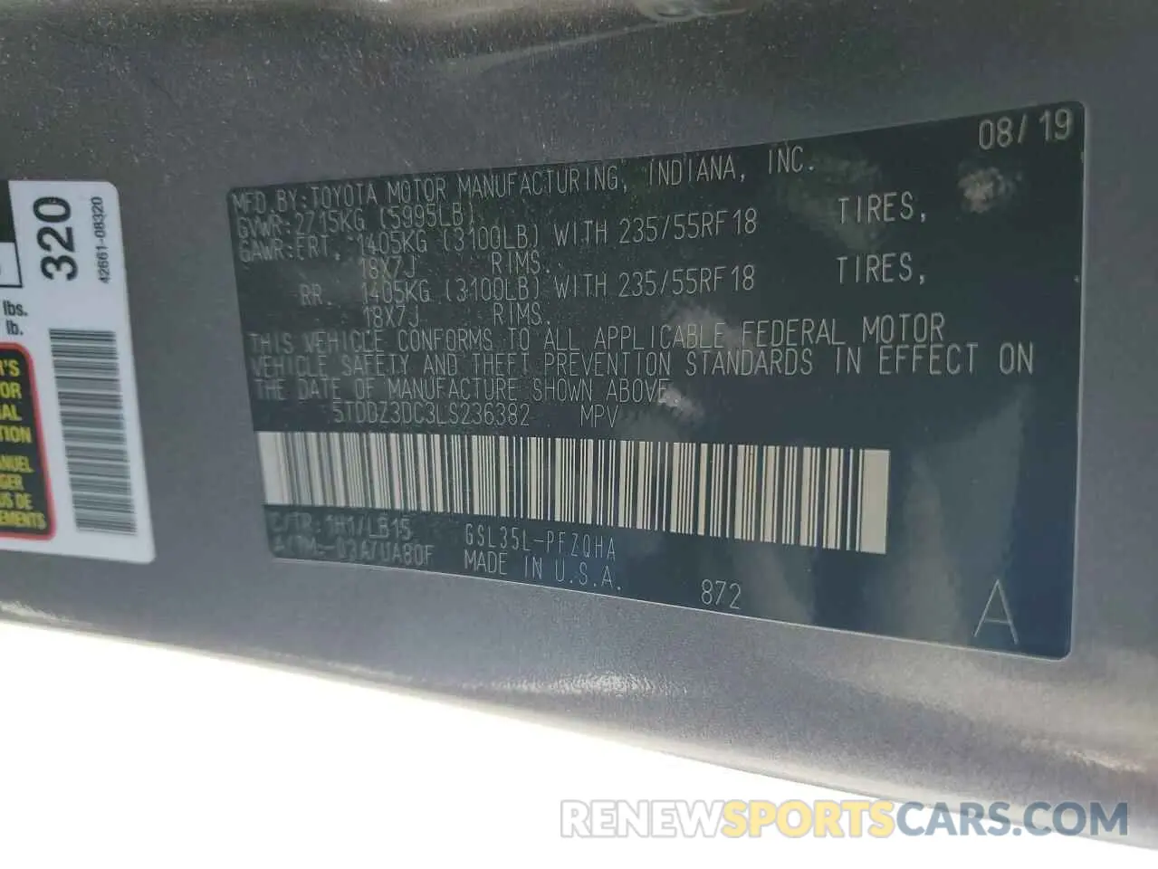 13 Photograph of a damaged car 5TDDZ3DC3LS236382 TOYOTA All Models 2020