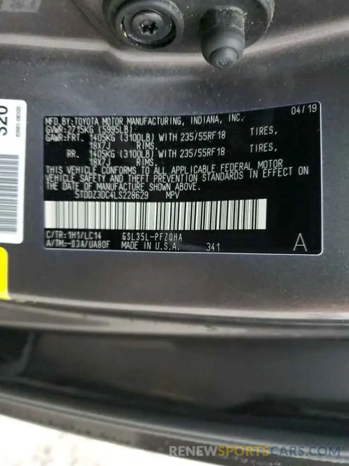14 Photograph of a damaged car 5TDDZ3DC4LS228629 TOYOTA All Models 2020