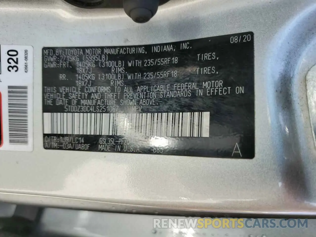 14 Photograph of a damaged car 5TDDZ3DC4LS251067 TOYOTA All Models 2020