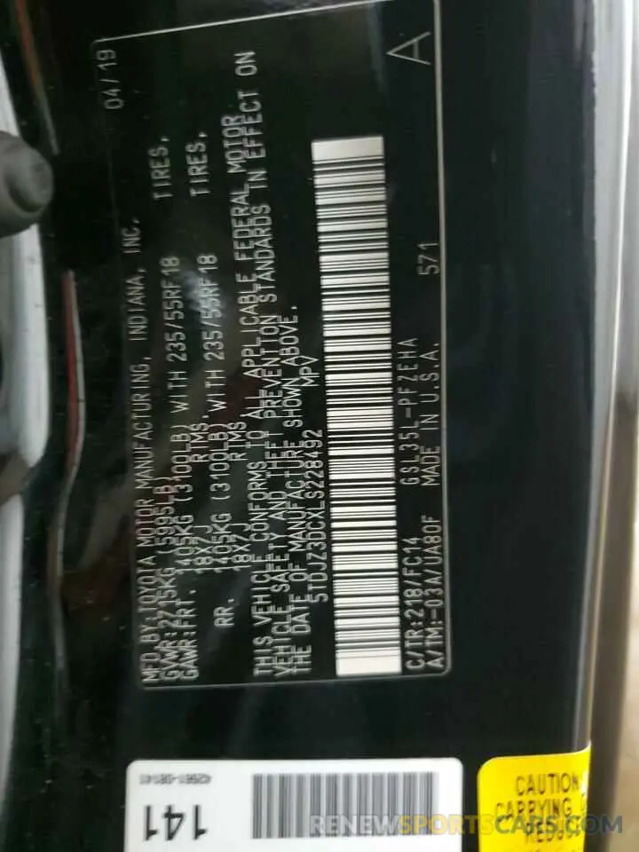 14 Photograph of a damaged car 5TDJZ3DCXLS228492 TOYOTA All Models 2020