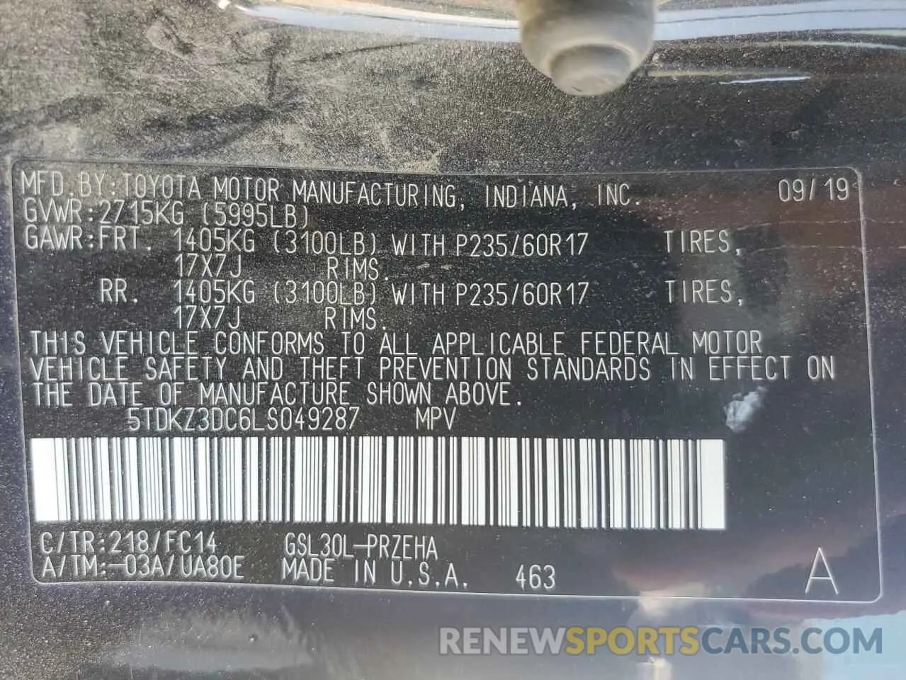 13 Photograph of a damaged car 5TDKZ3DC6LS049287 TOYOTA All Models 2020