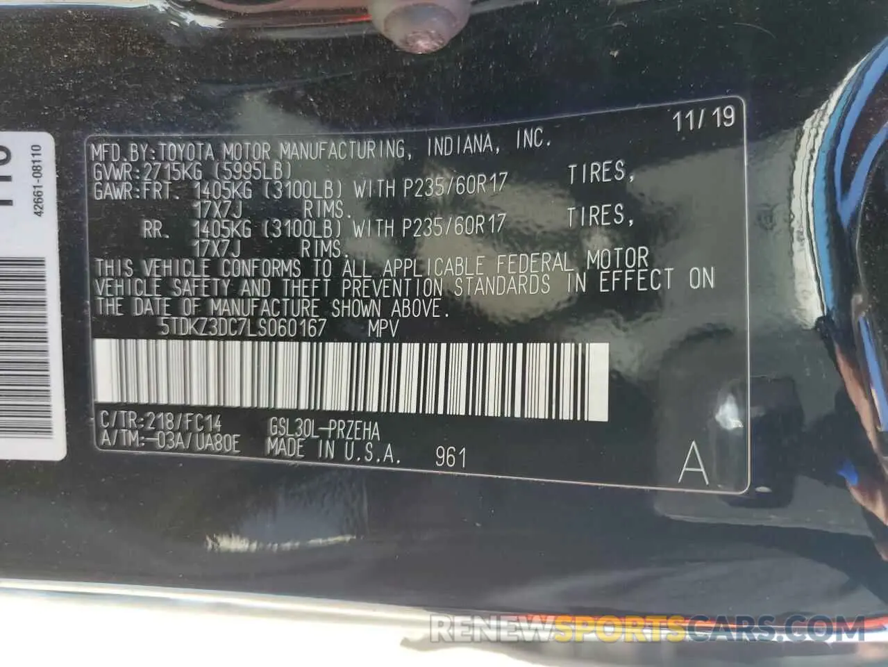 13 Photograph of a damaged car 5TDKZ3DC7LS060167 TOYOTA All Models 2020