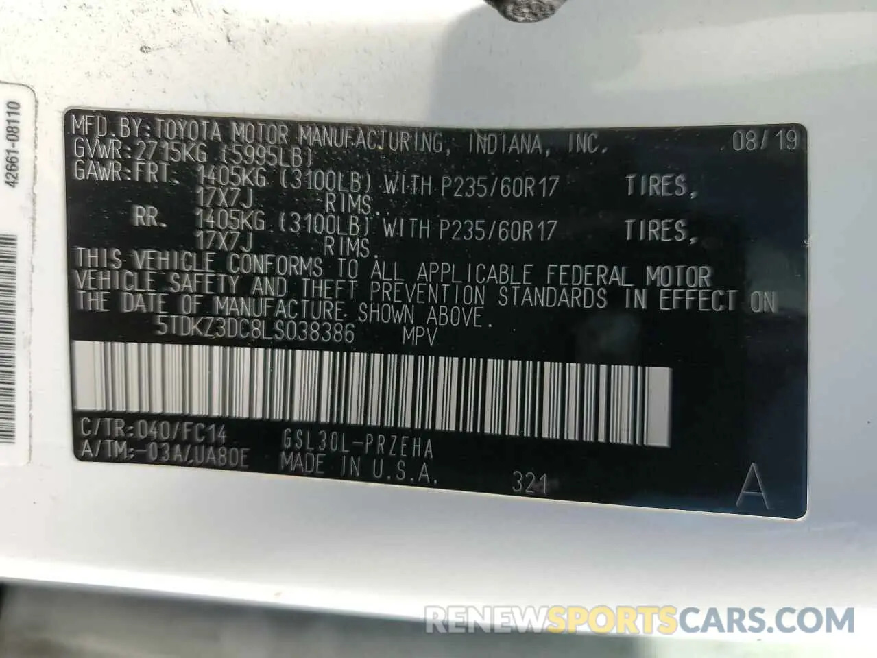 14 Photograph of a damaged car 5TDKZ3DC8LS038386 TOYOTA All Models 2020