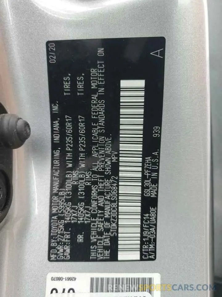 14 Photograph of a damaged car 5TDKZ3DC8LS068472 TOYOTA All Models 2020