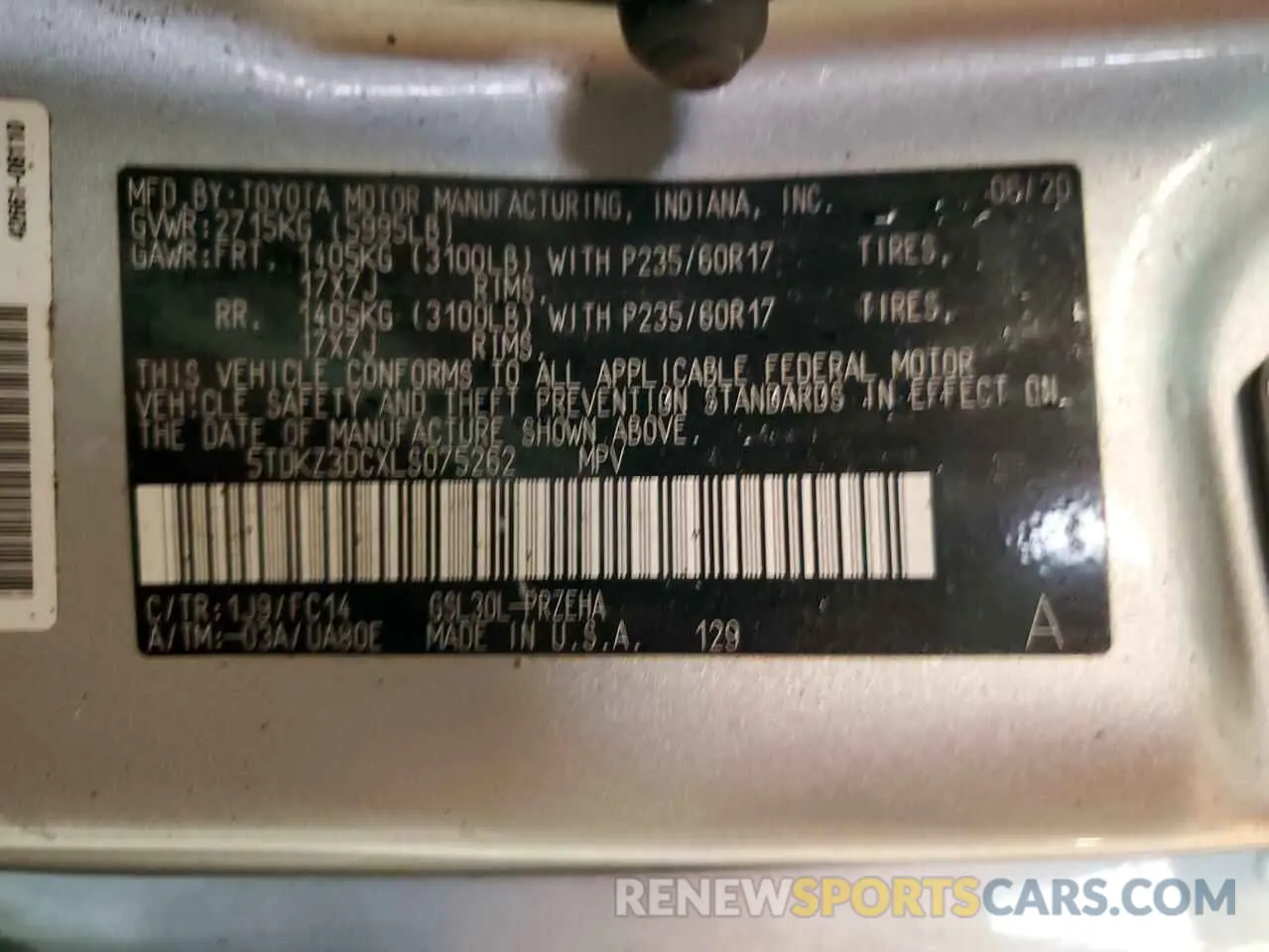 14 Photograph of a damaged car 5TDKZ3DCXLS075262 TOYOTA All Models 2020