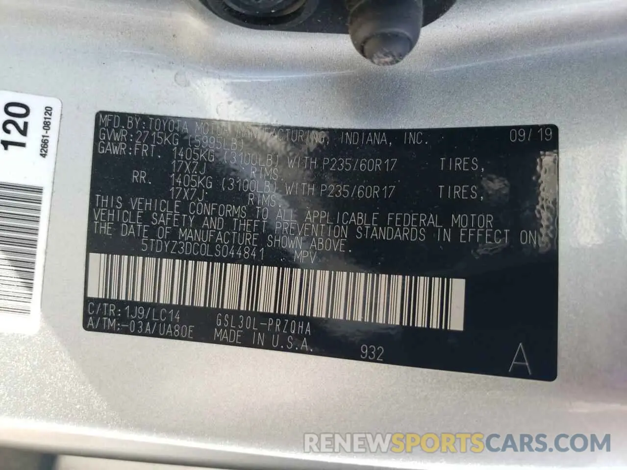 13 Photograph of a damaged car 5TDYZ3DC0LS044841 TOYOTA All Models 2020