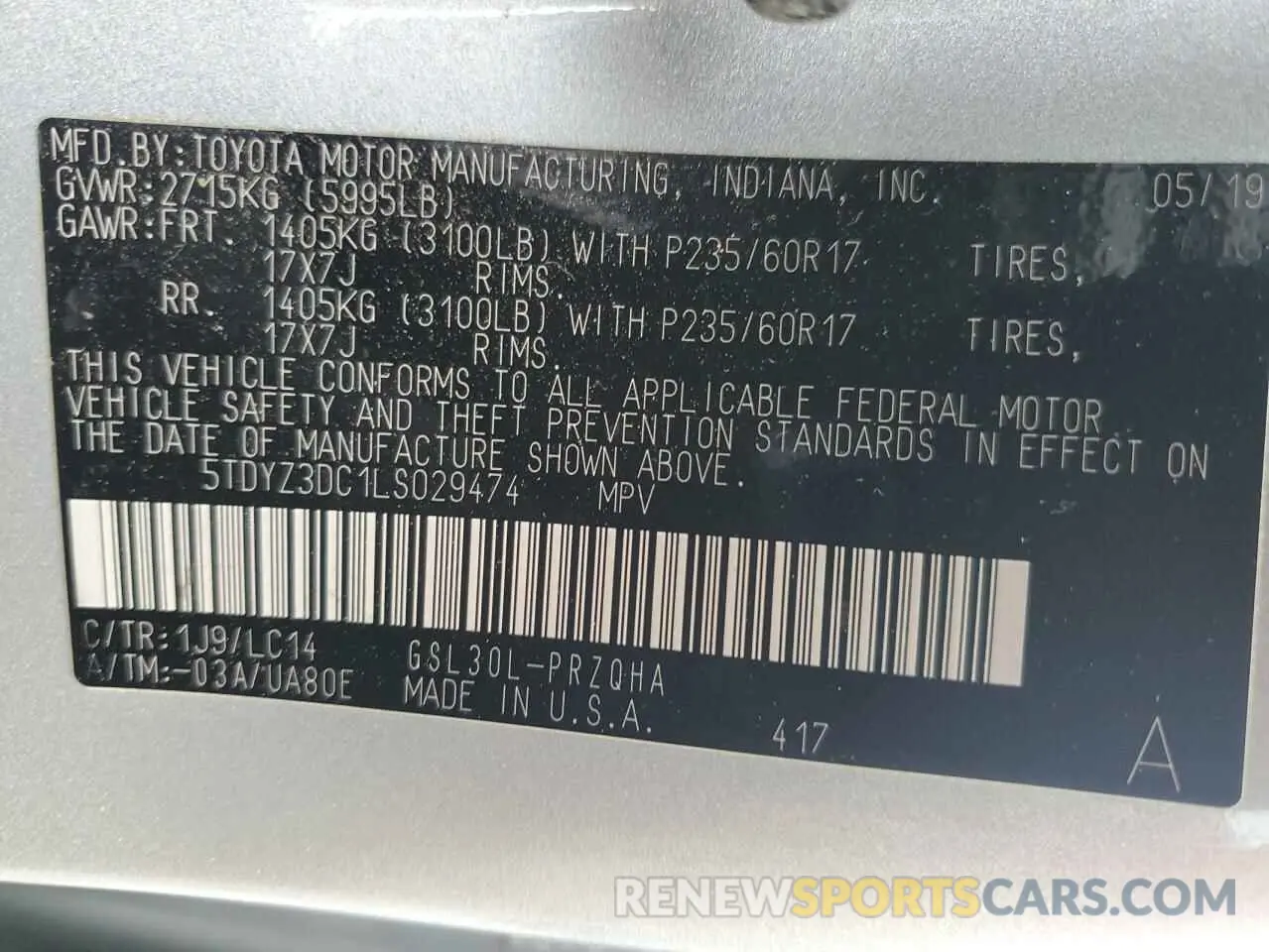13 Photograph of a damaged car 5TDYZ3DC1LS029474 TOYOTA All Models 2020