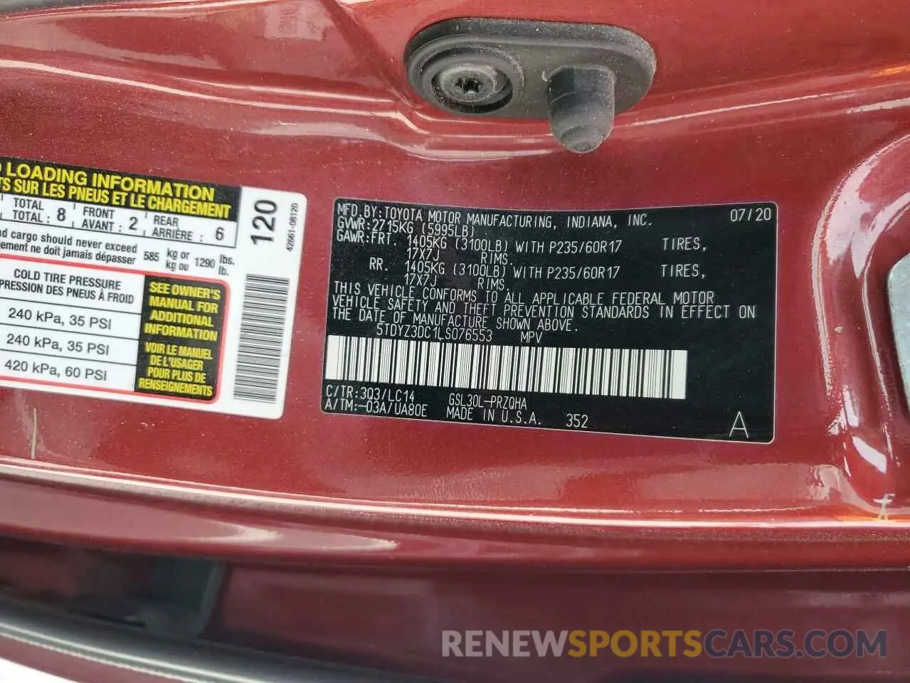 14 Photograph of a damaged car 5TDYZ3DC1LS076553 TOYOTA All Models 2020