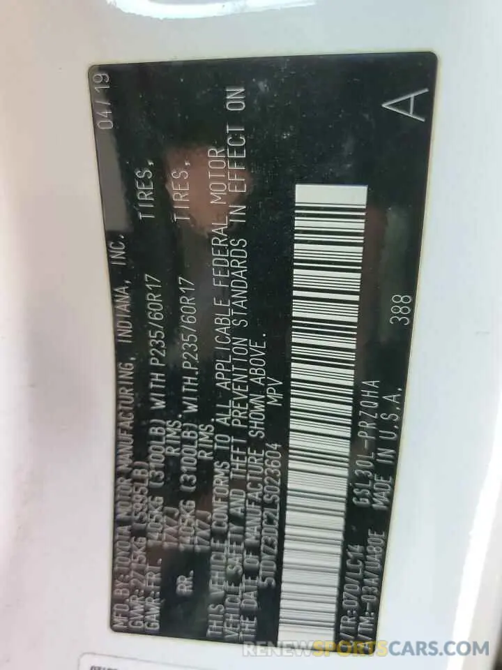16 Photograph of a damaged car 5TDYZ3DC2LS023604 TOYOTA All Models 2020