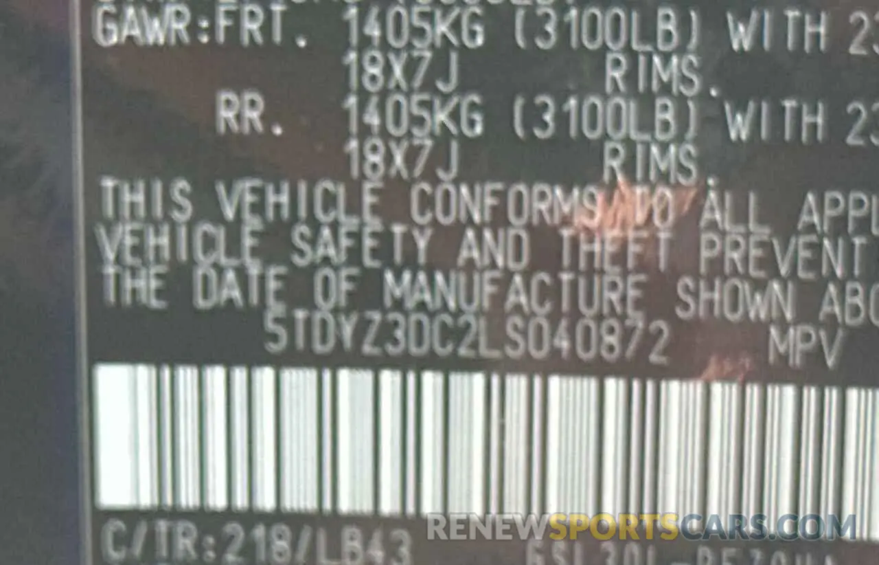 10 Photograph of a damaged car 5TDYZ3DC2LS040872 TOYOTA All Models 2020