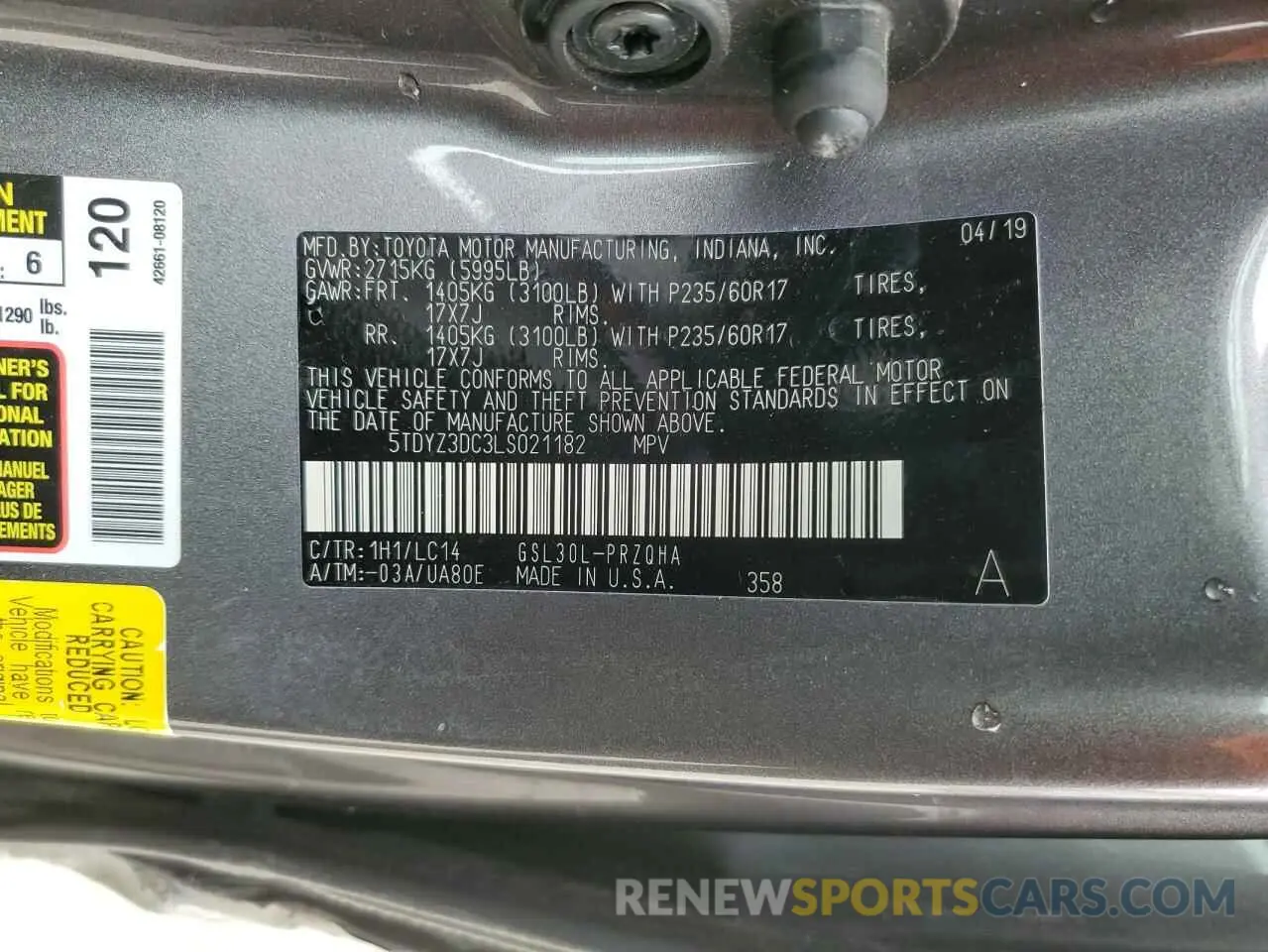 16 Photograph of a damaged car 5TDYZ3DC3LS021182 TOYOTA All Models 2020