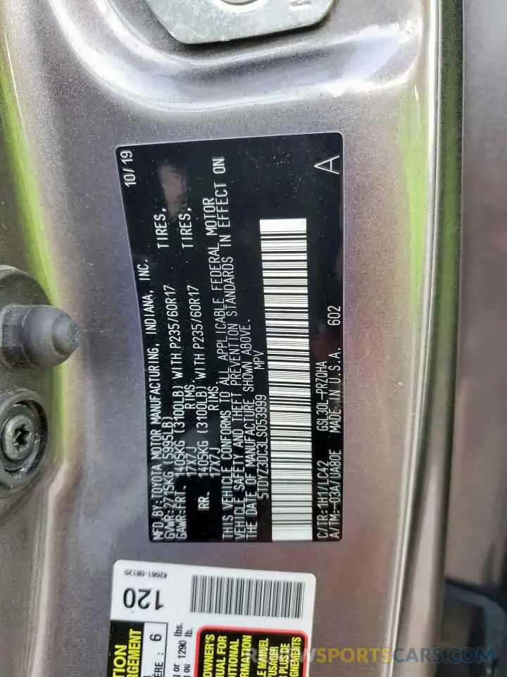 13 Photograph of a damaged car 5TDYZ3DC3LS053999 TOYOTA All Models 2020