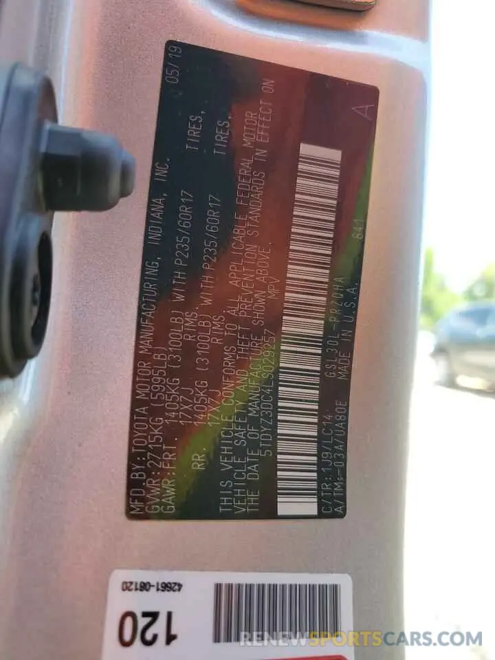 13 Photograph of a damaged car 5TDYZ3DC4LS029257 TOYOTA All Models 2020