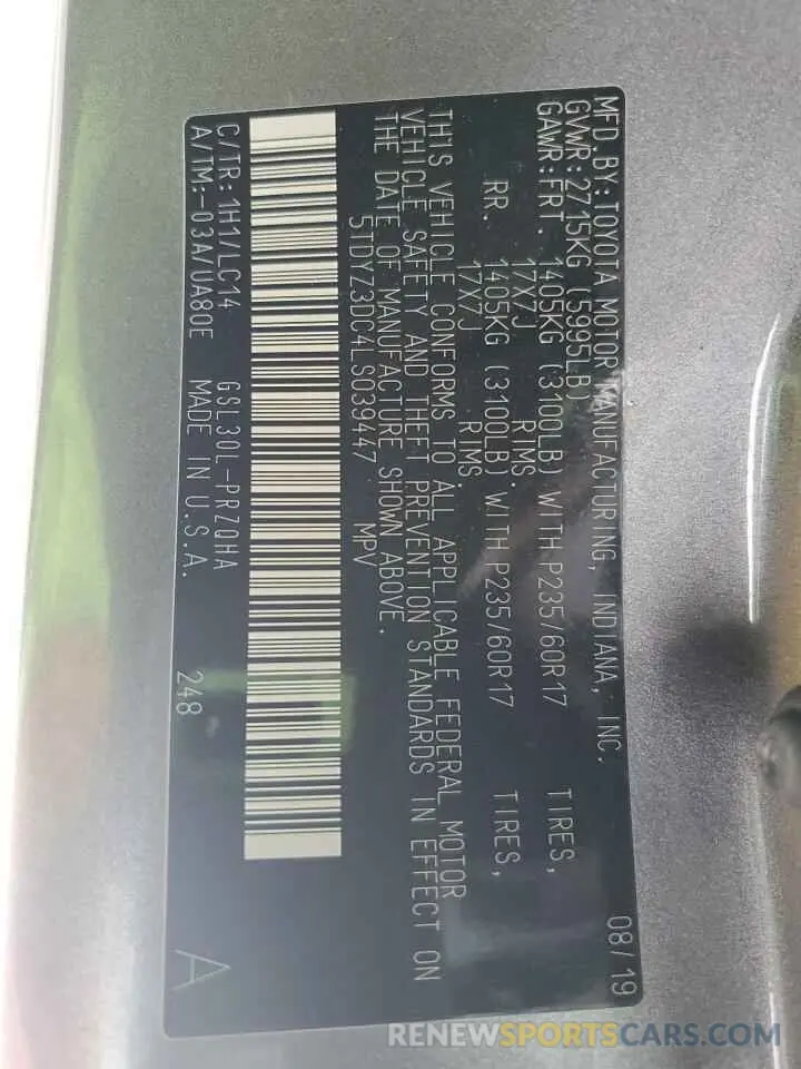 14 Photograph of a damaged car 5TDYZ3DC4LS039447 TOYOTA All Models 2020