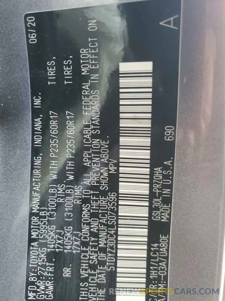 14 Photograph of a damaged car 5TDYZ3DC4LS073596 TOYOTA All Models 2020