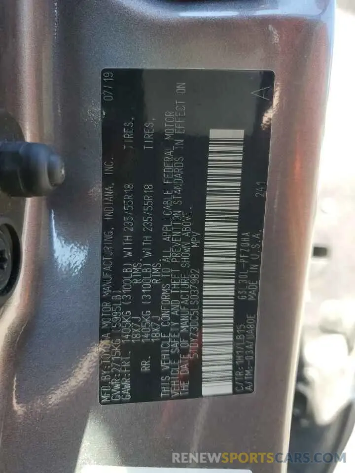 14 Photograph of a damaged car 5TDYZ3DC5LS037982 TOYOTA All Models 2020