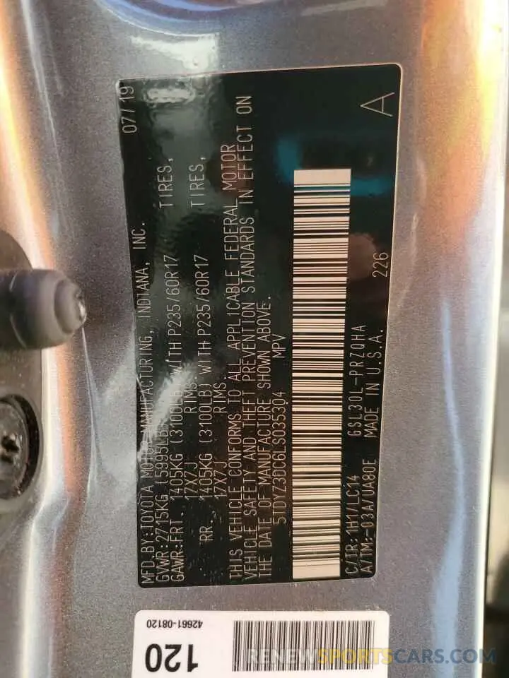 13 Photograph of a damaged car 5TDYZ3DC6LS035304 TOYOTA All Models 2020