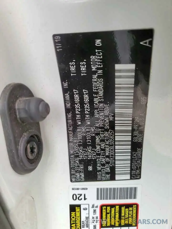 12 Photograph of a damaged car 5TDYZ3DC6LS058257 TOYOTA All Models 2020