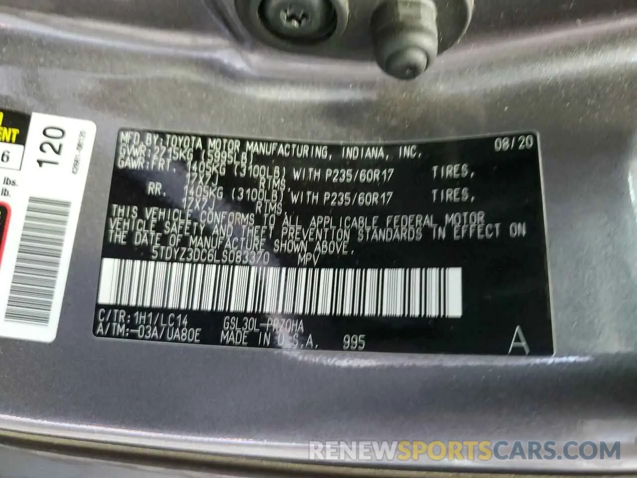 13 Photograph of a damaged car 5TDYZ3DC6LS083370 TOYOTA All Models 2020