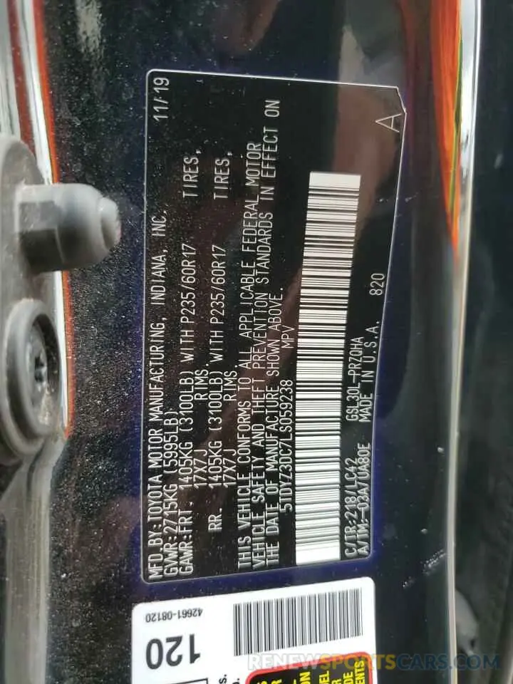 14 Photograph of a damaged car 5TDYZ3DC7LS059238 TOYOTA All Models 2020