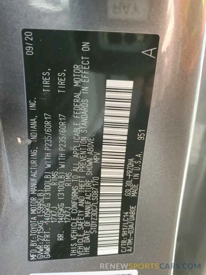 13 Photograph of a damaged car 5TDYZ3DC7LS087170 TOYOTA All Models 2020