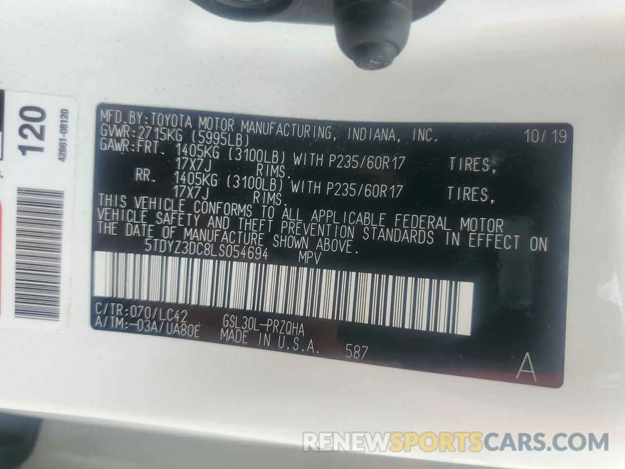 13 Photograph of a damaged car 5TDYZ3DC8LS054694 TOYOTA All Models 2020
