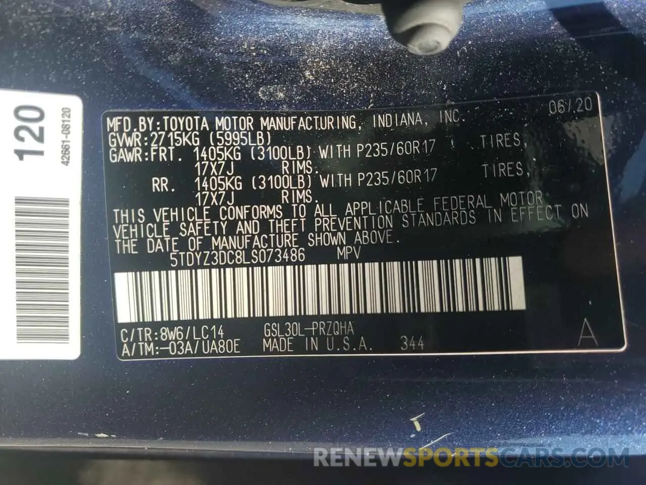 13 Photograph of a damaged car 5TDYZ3DC8LS073486 TOYOTA All Models 2020