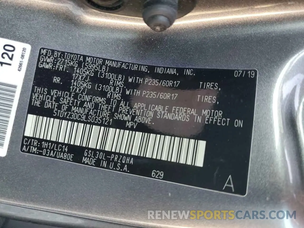13 Photograph of a damaged car 5TDYZ3DC9LS035121 TOYOTA All Models 2020