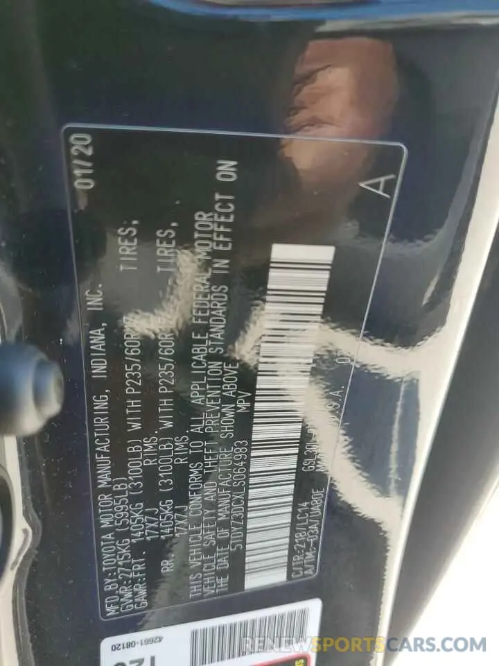 13 Photograph of a damaged car 5TDYZ3DCXLS064983 TOYOTA All Models 2020