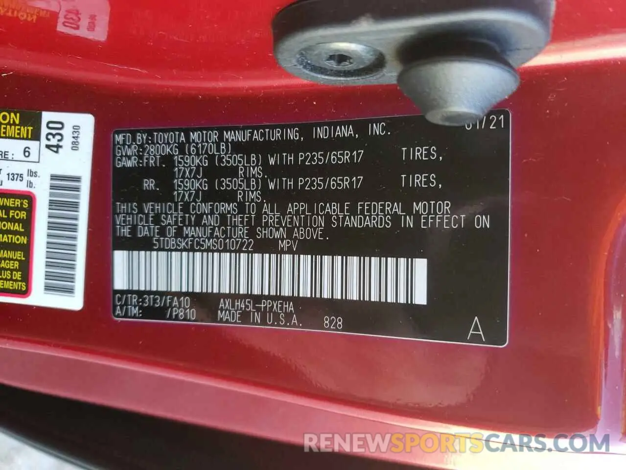 13 Photograph of a damaged car 5TDBSKFC5MS010722 TOYOTA All Models 2021