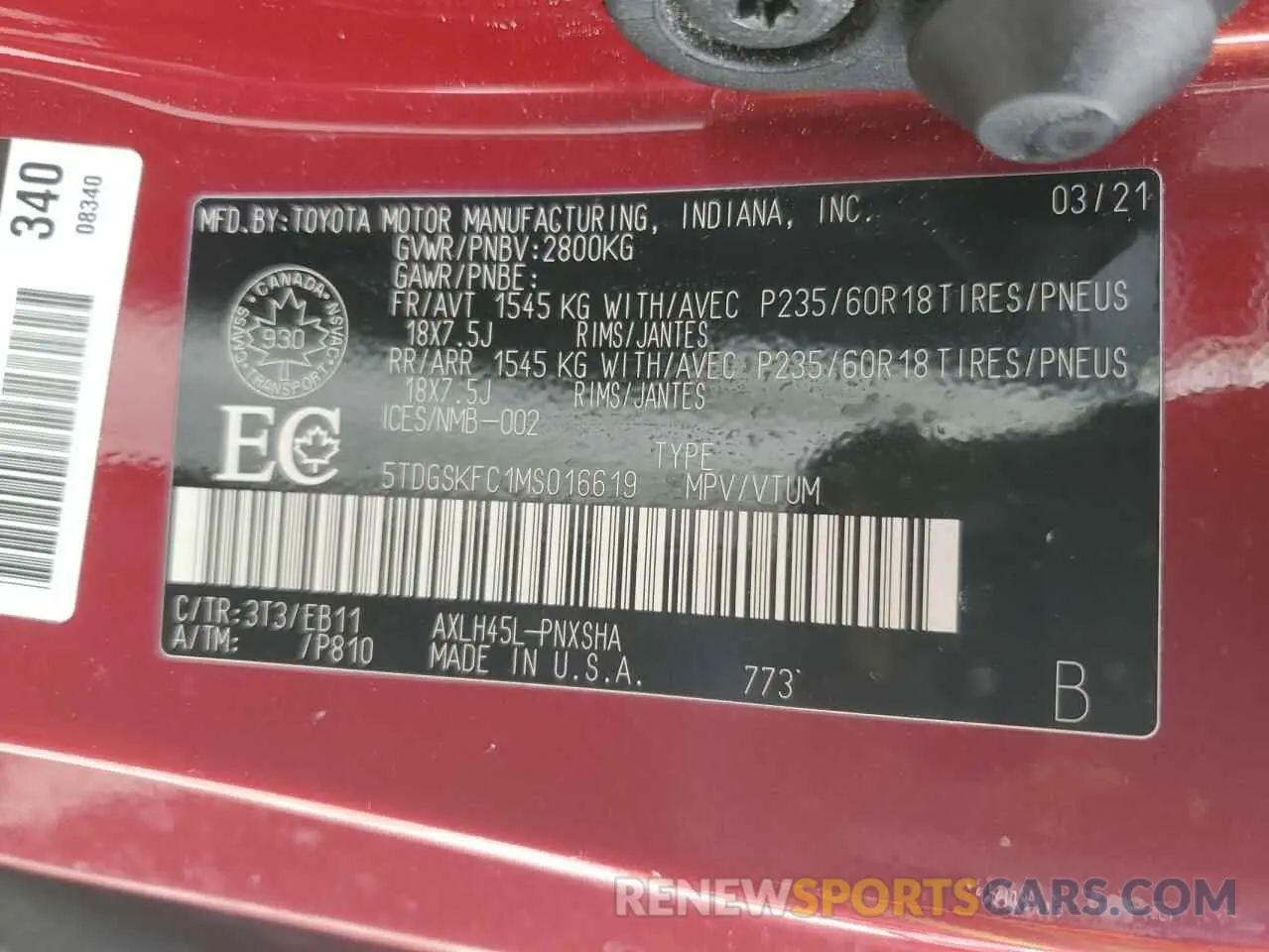 13 Photograph of a damaged car 5TDGSKFC1MS016619 TOYOTA All Models 2021