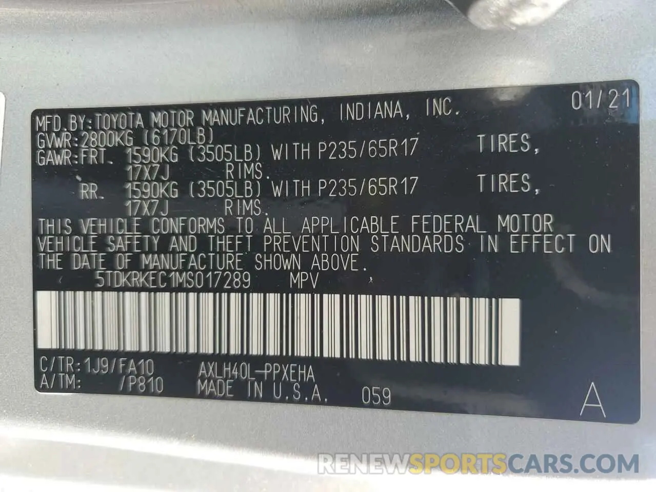 14 Photograph of a damaged car 5TDKRKEC1MS017289 TOYOTA All Models 2021