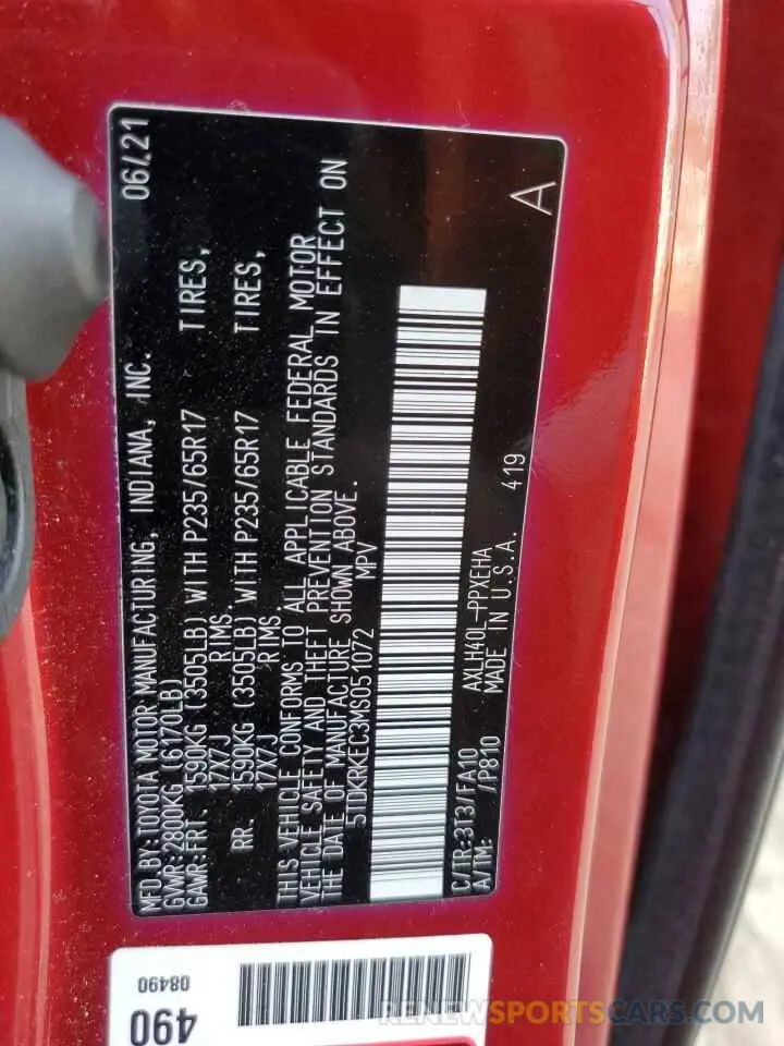 13 Photograph of a damaged car 5TDKRKEC3MS051072 TOYOTA All Models 2021