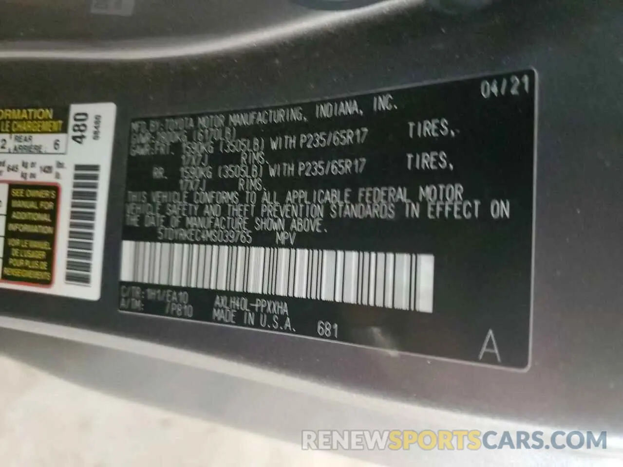 14 Photograph of a damaged car 5TDYRKEC4MS039765 TOYOTA All Models 2021