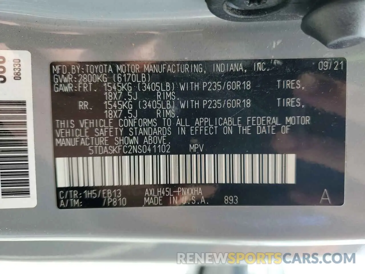 13 Photograph of a damaged car 5TDASKFC2NS041102 TOYOTA All Models 2022